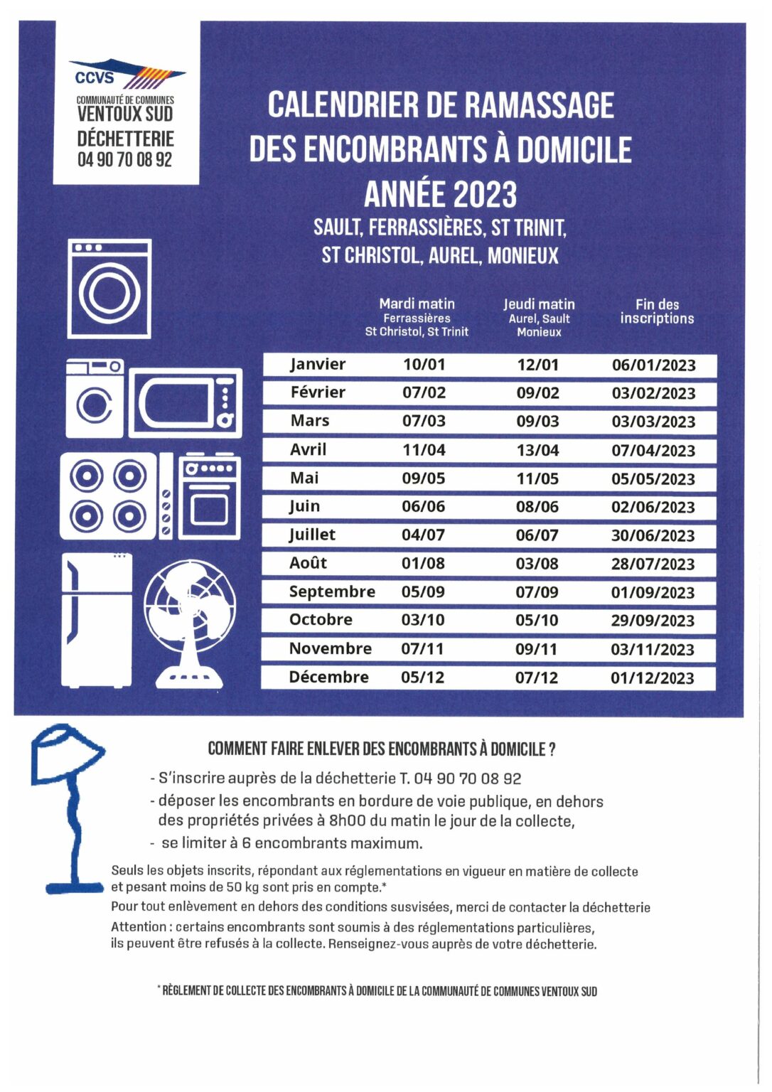 Calendrier de ramassage des à domicile 2023 COMMUNE DE